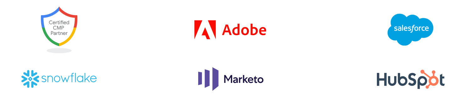 Logo lockup with CMP, Adobe, salesforce, snowflake, Marketo and Hubspot logos