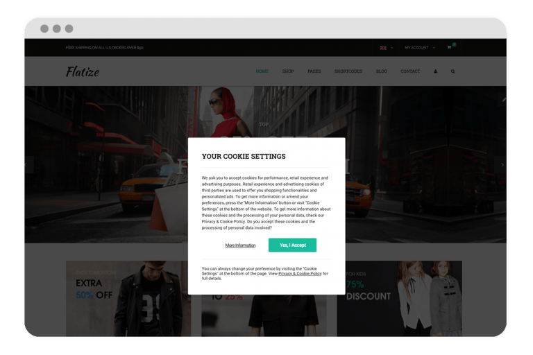 Screenshot of a website with a cookie setting modal open